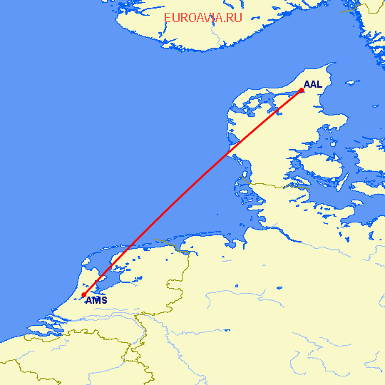 перелет Амстердам — Ольборг на карте