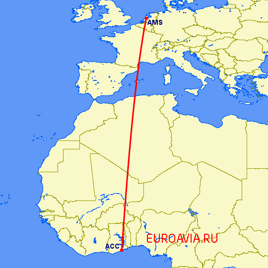 перелет Амстердам — Аккра на карте