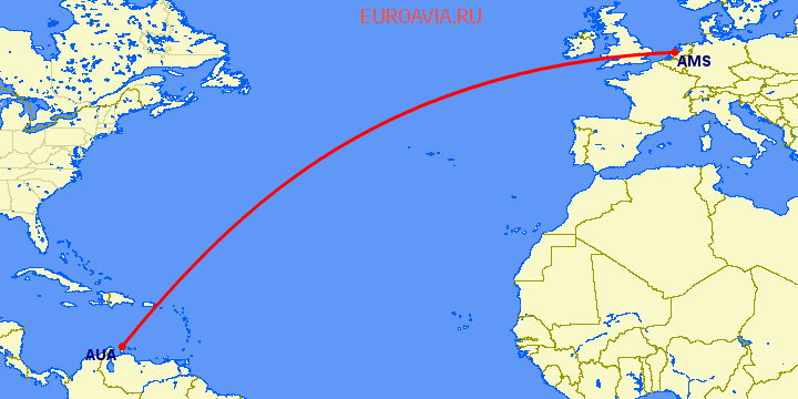 перелет Амстердам — Аруба на карте