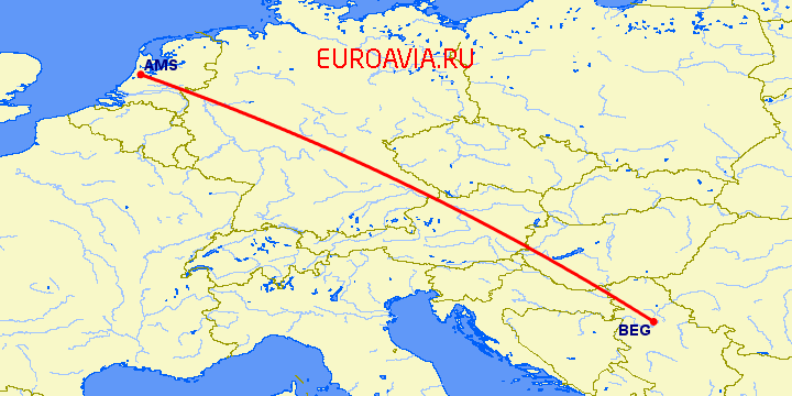 перелет Амстердам — Белград на карте