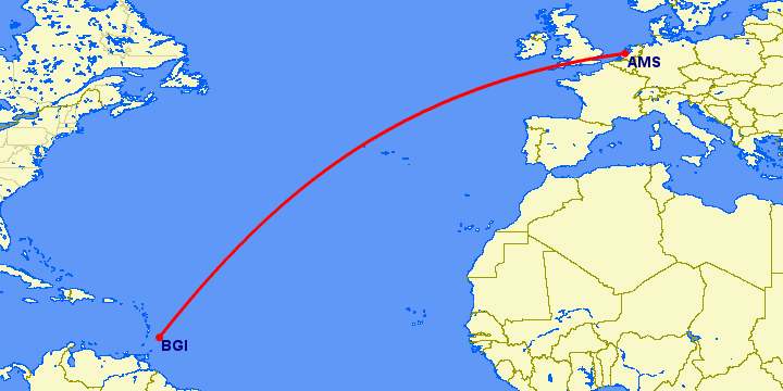 перелет Амстердам — Бриджтаун на карте