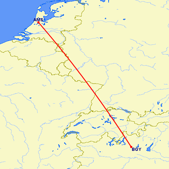 перелет Амстердам — Бергамо на карте