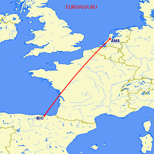 перелет Амстердам — Бильбао на карте