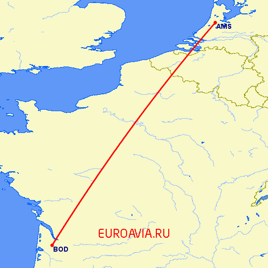 перелет Амстердам — Бордо на карте