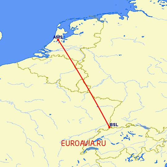 перелет Амстердам — Базель-Мюлуз на карте