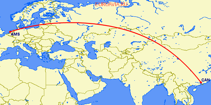 перелет Амстердам — Гуанчжоу на карте