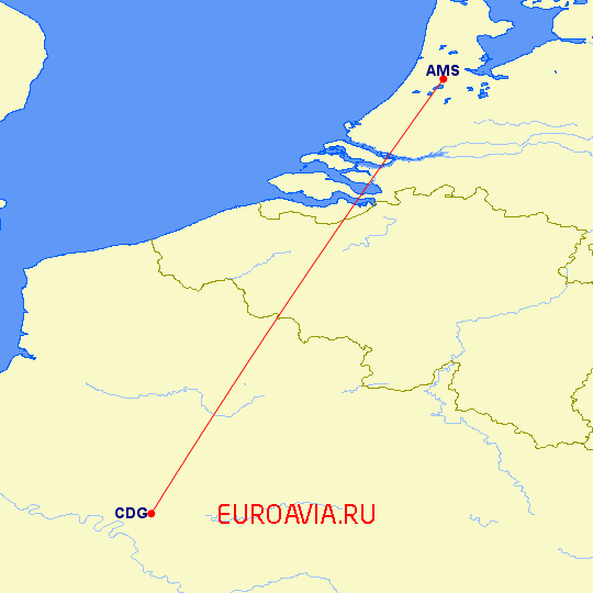 перелет Амстердам — Париж на карте