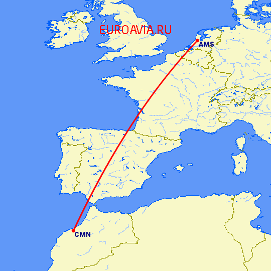 перелет Амстердам — Касабланка на карте