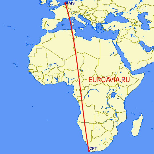 перелет Амстердам — Кейптаун на карте