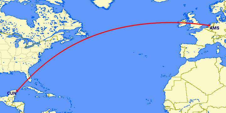 перелет Амстердам — Канкун на карте