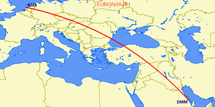 перелет Амстердам — Даммам на карте