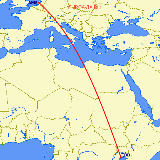 перелет Амстердам — Энтеббе на карте