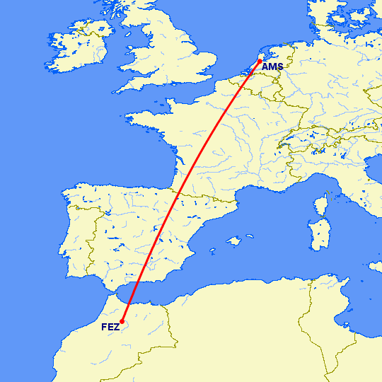 перелет Амстердам — Фес на карте