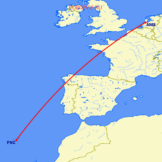 перелет Амстердам — Фуншал  на карте