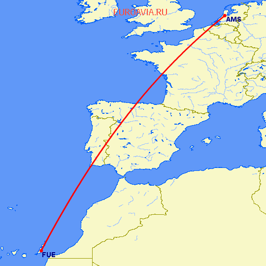 перелет Амстердам — Пуэрто дель Росарио на карте