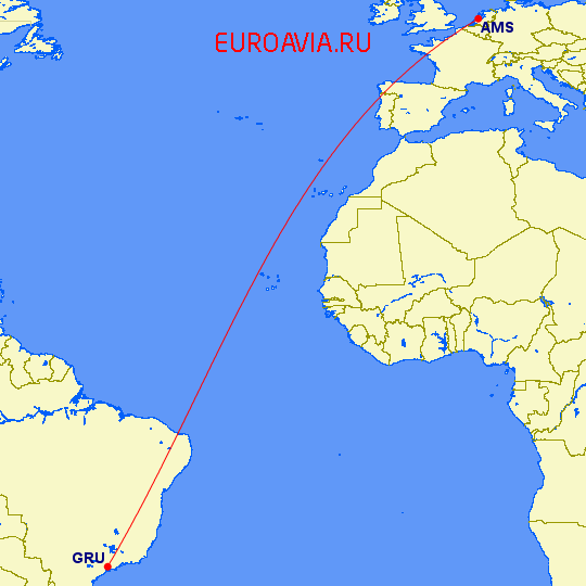 перелет Амстердам — Сан Паулу на карте