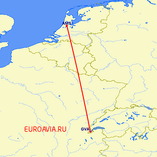 перелет Амстердам — Женева на карте