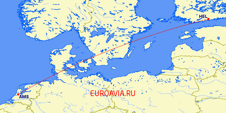 перелет Амстердам — Хельсинки на карте