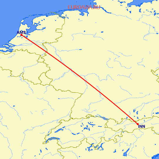 перелет Амстердам — Инсбрук на карте