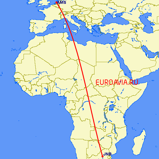 перелет Амстердам — Йоханнесбург на карте