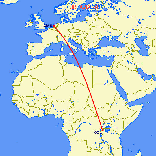 перелет Амстердам — Кигали на карте