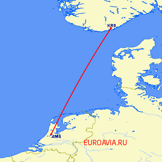 перелет Амстердам — Кристиансанн на карте