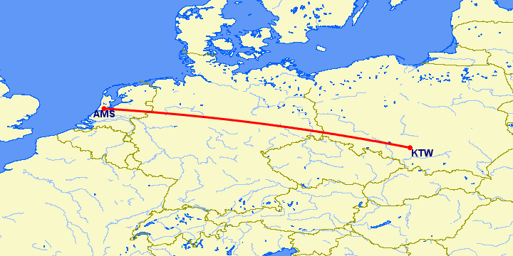перелет Амстердам — Катовице на карте