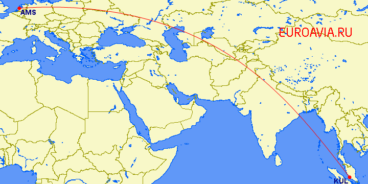 перелет Амстердам — Куала Лумпур на карте