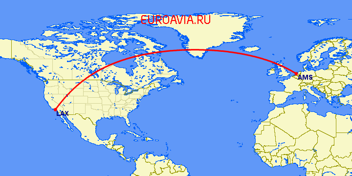 перелет Амстердам — Лос Анджелес на карте