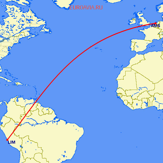 перелет Амстердам — Лима на карте