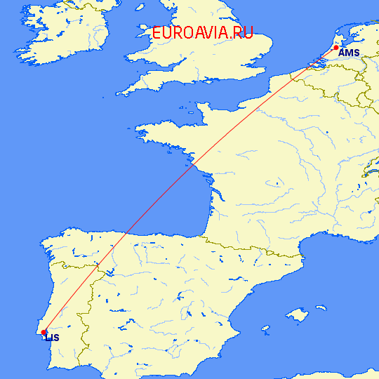 перелет Амстердам — Лиссабон на карте