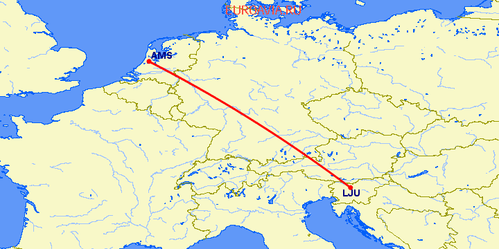 перелет Амстердам — Любляна на карте