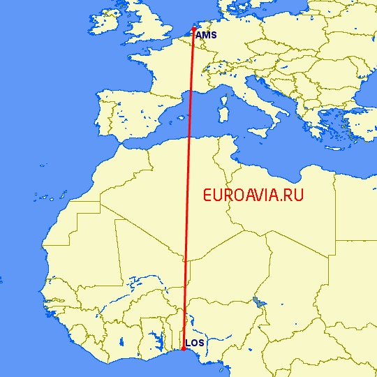 перелет Амстердам — Лагос на карте