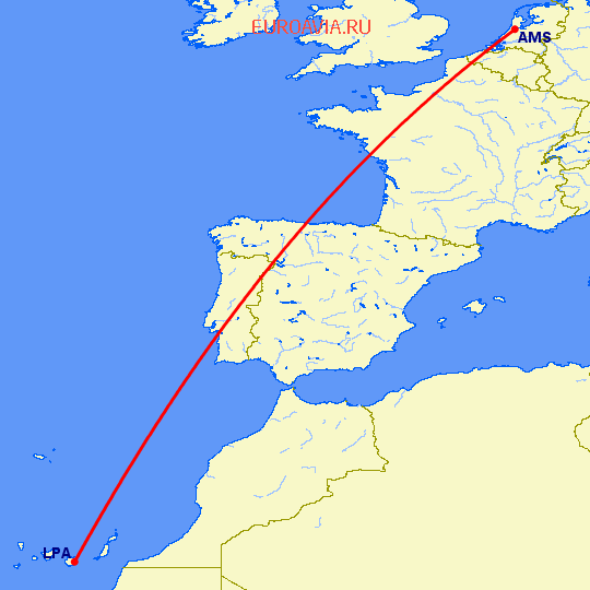 перелет Амстердам — Лас Пальмас на карте