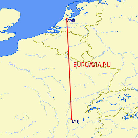 перелет Амстердам — Лион на карте