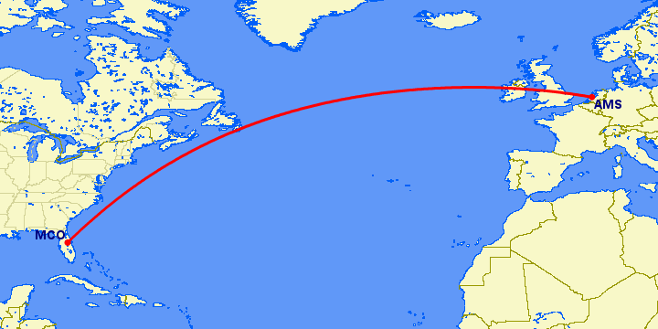 перелет Амстердам — Орландо на карте