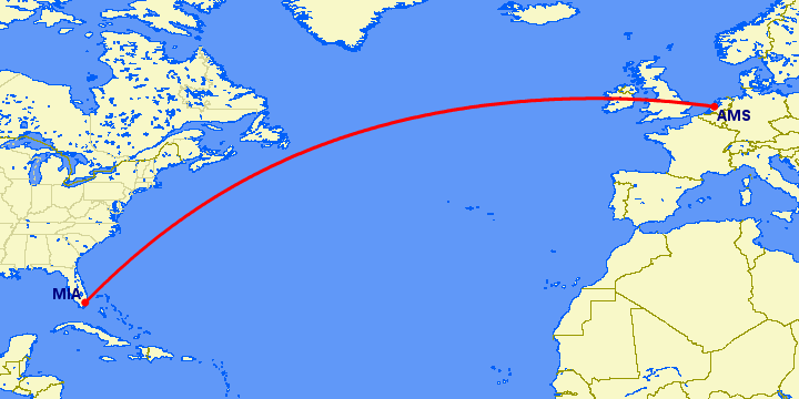 перелет Амстердам — Майами на карте