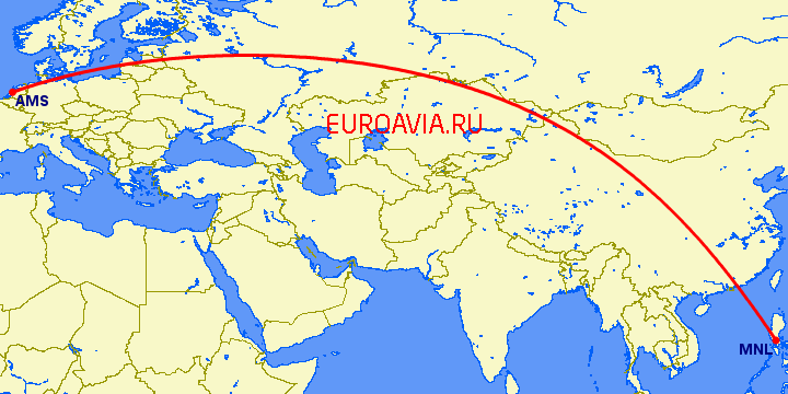 перелет Амстердам — Манила на карте