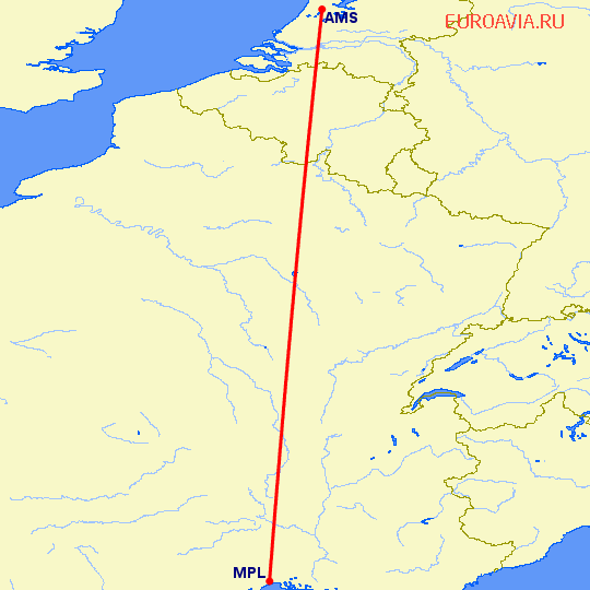 перелет Амстердам — Монпелье на карте