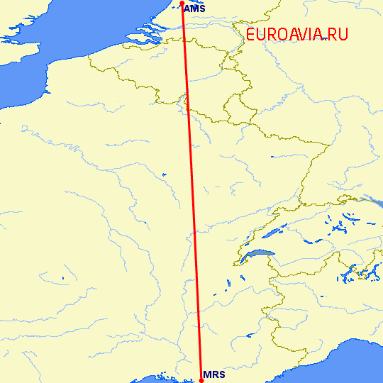 перелет Амстердам — Марсель на карте