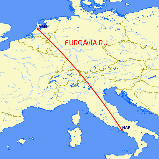 перелет Амстердам — Неаполь на карте