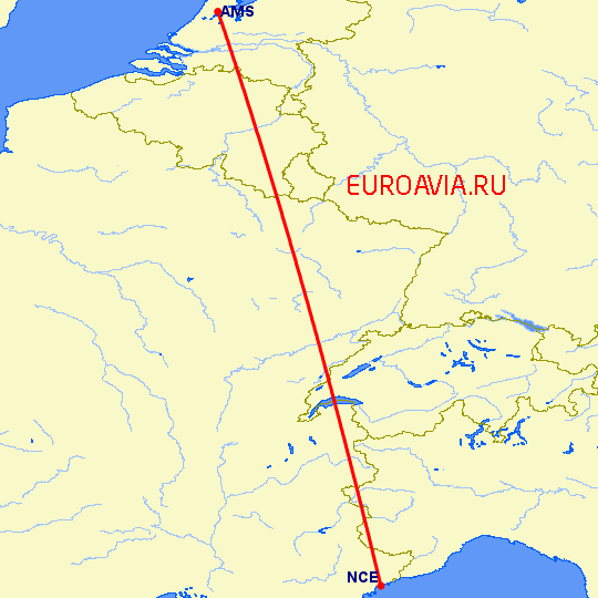 перелет Амстердам — Ницца на карте