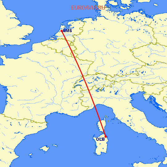 перелет Амстердам — Ольбия на карте