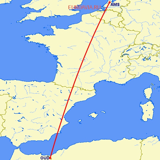 перелет Амстердам — Уджда на карте