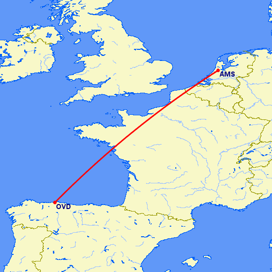 перелет Амстердам — Овьедо-Авилес на карте