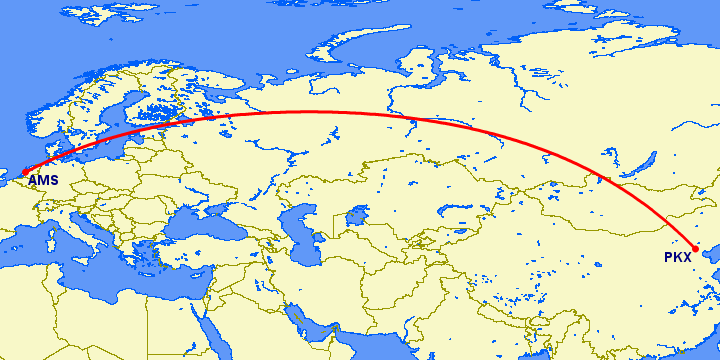 перелет Амстердам — Пекин на карте