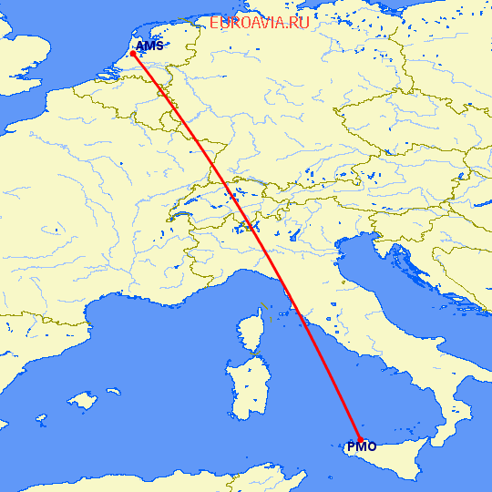 перелет Амстердам — Палермо на карте