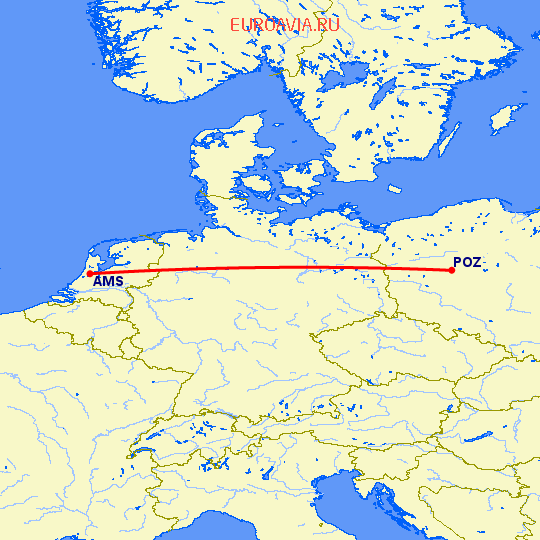 перелет Амстердам — Познань на карте