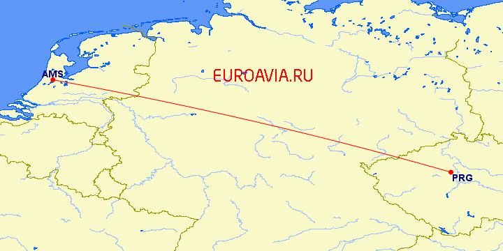 перелет Амстердам — Прага на карте