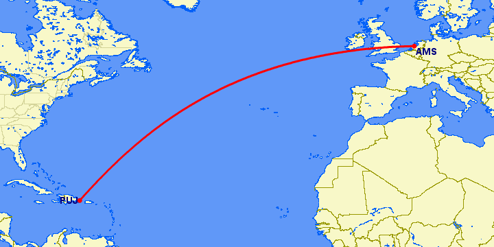 перелет Амстердам — Пунта Кана на карте